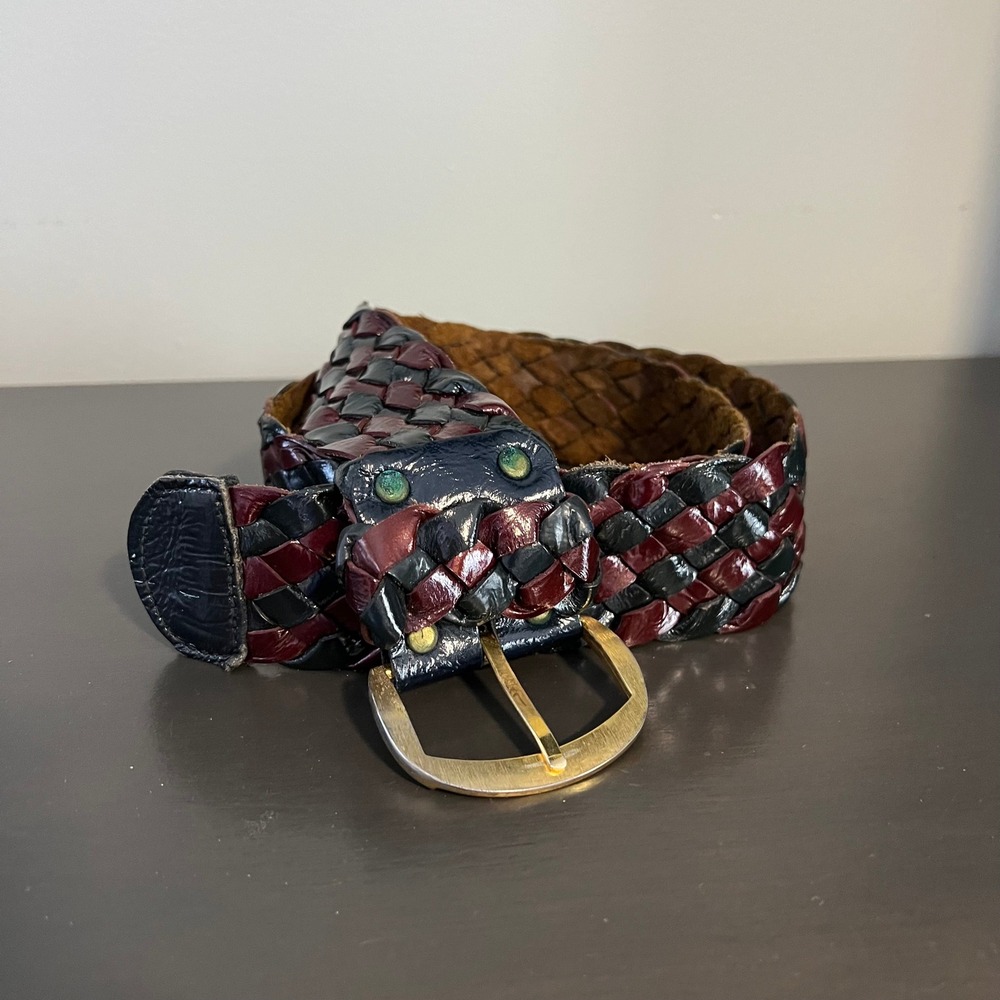 Canterbury Braided Leather Belt Navy Burgundy Woven Gold Buckle Mens 34 42in